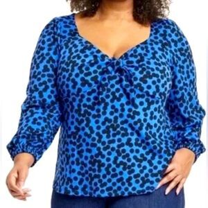 Ava & Viv Blue and Black Polka Dot Tie Front Blouse Sz 3x Work/Dressy Casual